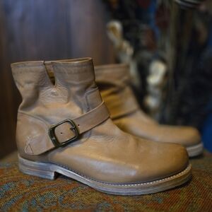 Frye Tan Ankle Boots with Buckle Strap and Casual Style